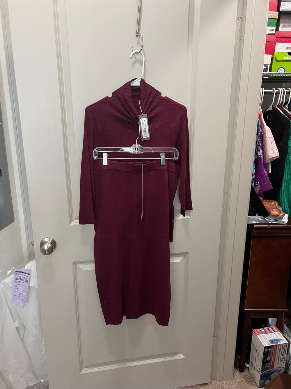 eva mendes for New York & Company Wine Ribbed Knit Long Sleeve Dress